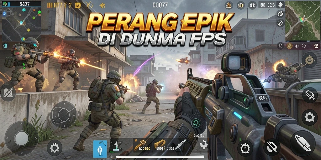 Menampilkan aksi seru dari gameplay COO77 dengan pertempuran FPS yang mendebarkan.