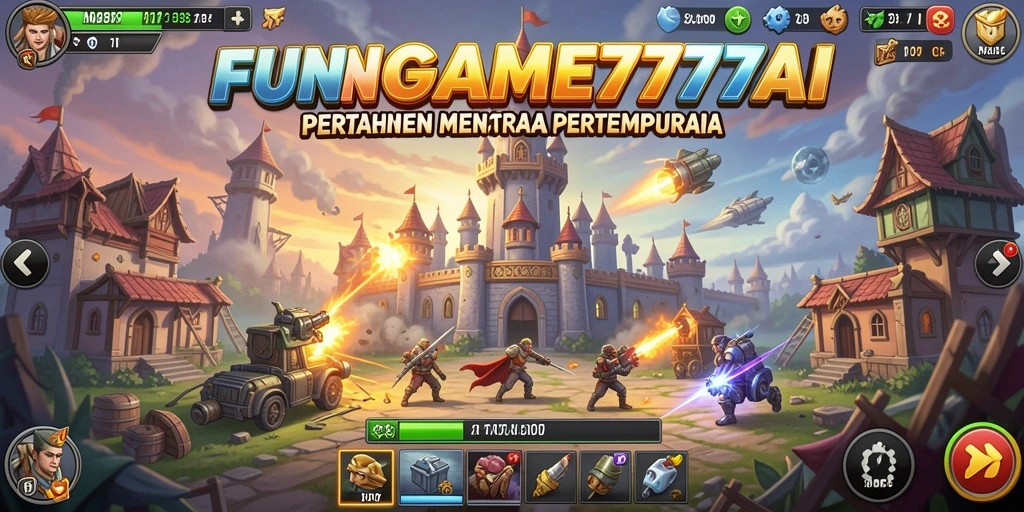 Tampilan gameplay FUNGame777 dengan menara dan musuh yang menarik.