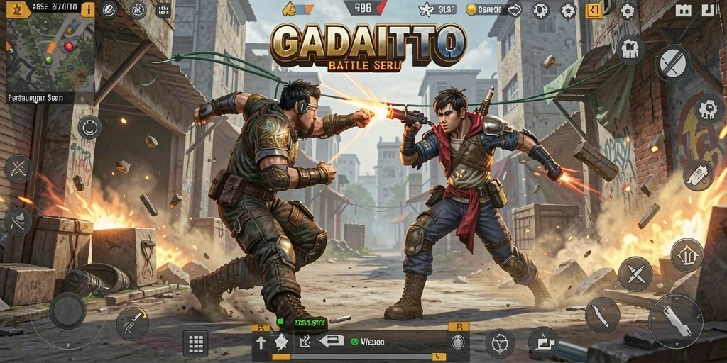 Screenshot utama GADAITOTO menampilkan serunya pertarungan Battle Royale.