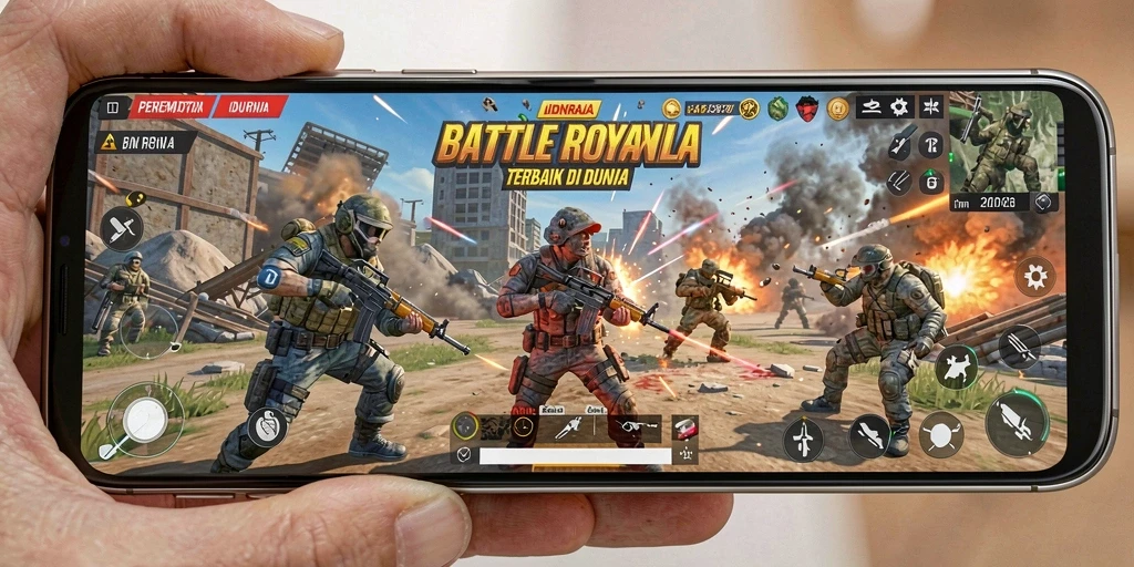 Screenshot IDNRAJA menampilkan aksi intens pertempuran di medan perang Battle Royale.