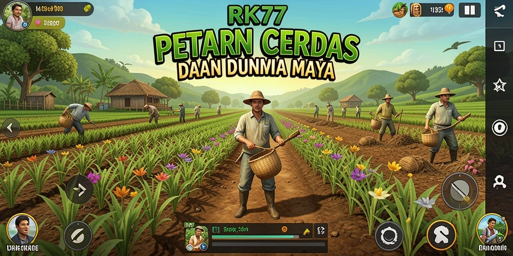 Tampilan gameplay RK77 dengan petak sawah yang hijau dan hewan ternak.
