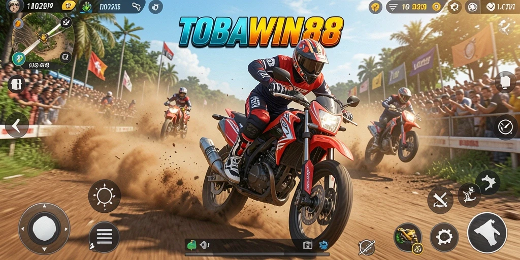 Screenshot dari gameplay TOBAWIN88 yang menampilkan aksi balapan motor.